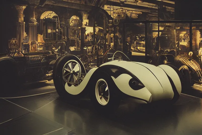 Image similar to cyberpunk 1 9 2 6 bugatti type 3 5, volumetric lighting, in a museum, museum exhibit, museum lighting, 9 0 s film photo