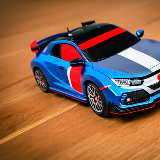 Image similar to civic type r fk 8 as a toy car on a wooden desk, focus shot, 1 0 5 mm, photo realistic