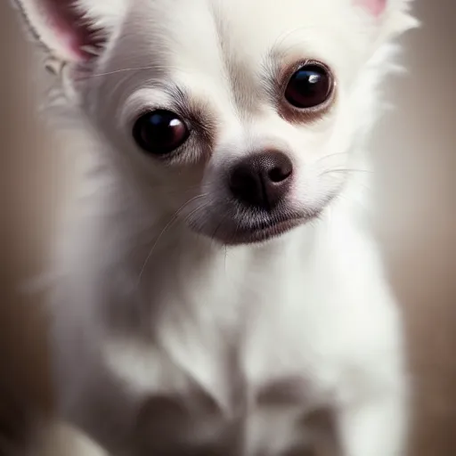 Prompt: white and tan chihuahua with long fur photography soft focus white background