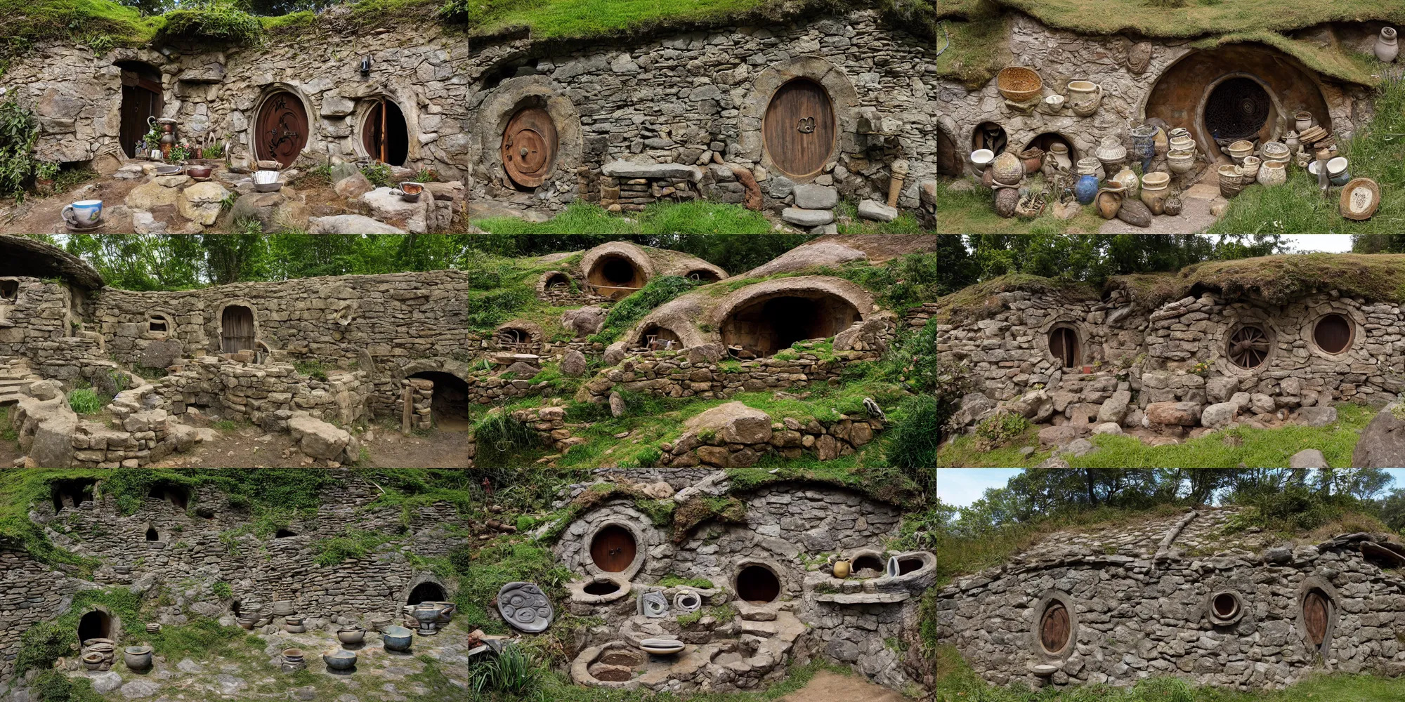 Prompt: archeological discovery of ancient hobbit dwellings, the shire, well preserved, broken pottery and tea cups on a rock wall, digital photography, 3 2 megabit, national geographic.