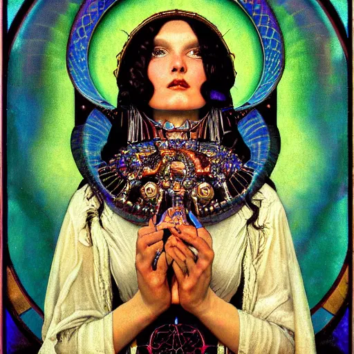 Image similar to renaissance portrait of an iridescent art deco machine priestess, reflective detailed textures, highly detailed fantasy science fiction painting by moebius, norman rockwell and william holman hunt. modern industrial shaman, rich colors, high contrast. artstation