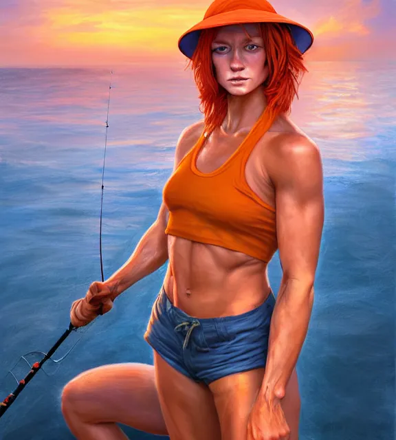 Prompt: muscular female fisherman angler at the end of a dock at sunset, perfect face, bucket hat, orange halter top, ginger hair, abs, cinematic, blush, stunning, athletic, strong, agile, highly detailed, psychedelic, digital painting, artstation, smooth, hard focus, illustration, art by jessica rossier and and brian froud