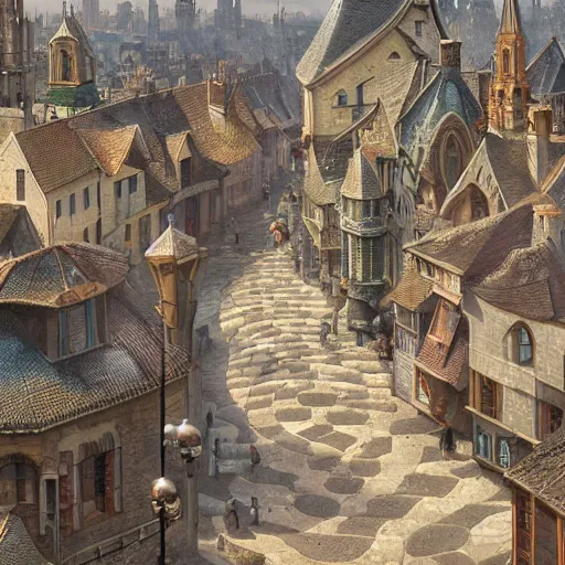 Image similar to an ultra detailed matte painting of the quaint town of galic, grid shaped city cobblestone streets, fantasy city, light snowfall, wind, inspiring gothic architecture, ultrawide lense, aerial photography, unreal engine, exquisite detail, 8 k, art by greg rutkowski and alphonse mucha