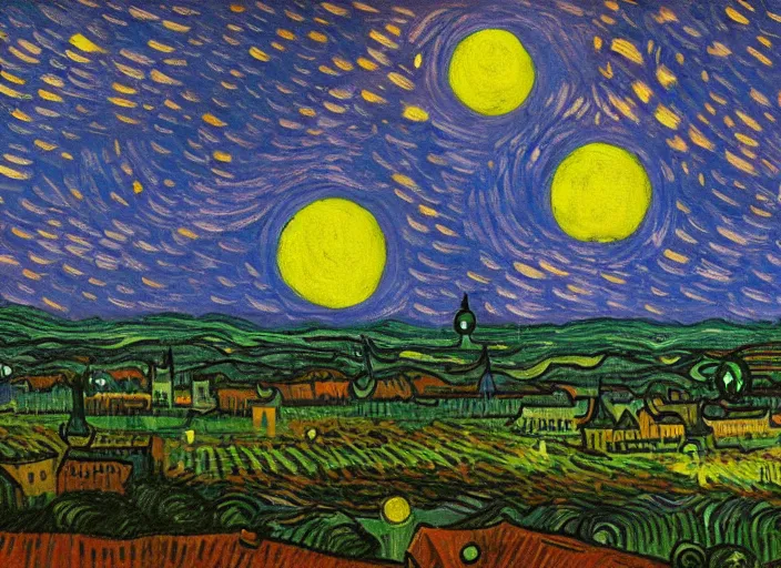 Image similar to painting of a ufo sighting above a city at dusk, in the style of vincent van gogh and edward hopper