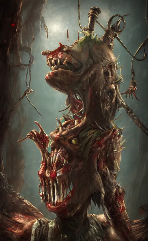 Prompt: photorealistic fantasy concept art of pinocchio as a monster, with bloody dripping down his face and mouth, dynamic lighting, cinematic, ultra detailed, stunning visuals, creative, trending on art station