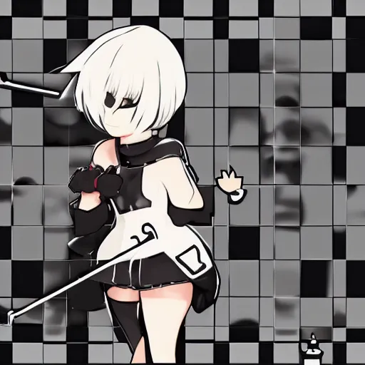 Image similar to 2B from nier automata eating a chess burger, anime style.