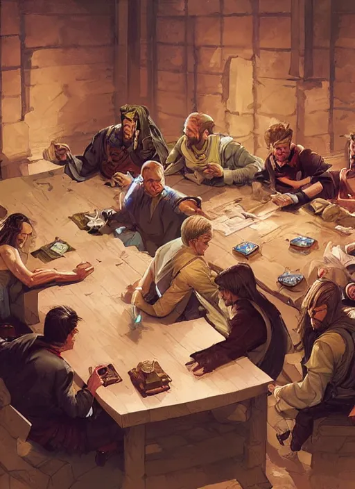 Prompt: a group of christian priests playing dungeons&dragons sitting around a table in 90's basement by artgerm and Craig Mullins, James Jean, Andrey Ryabovichev, Mark Simonetti and Peter Morbacher 16k
