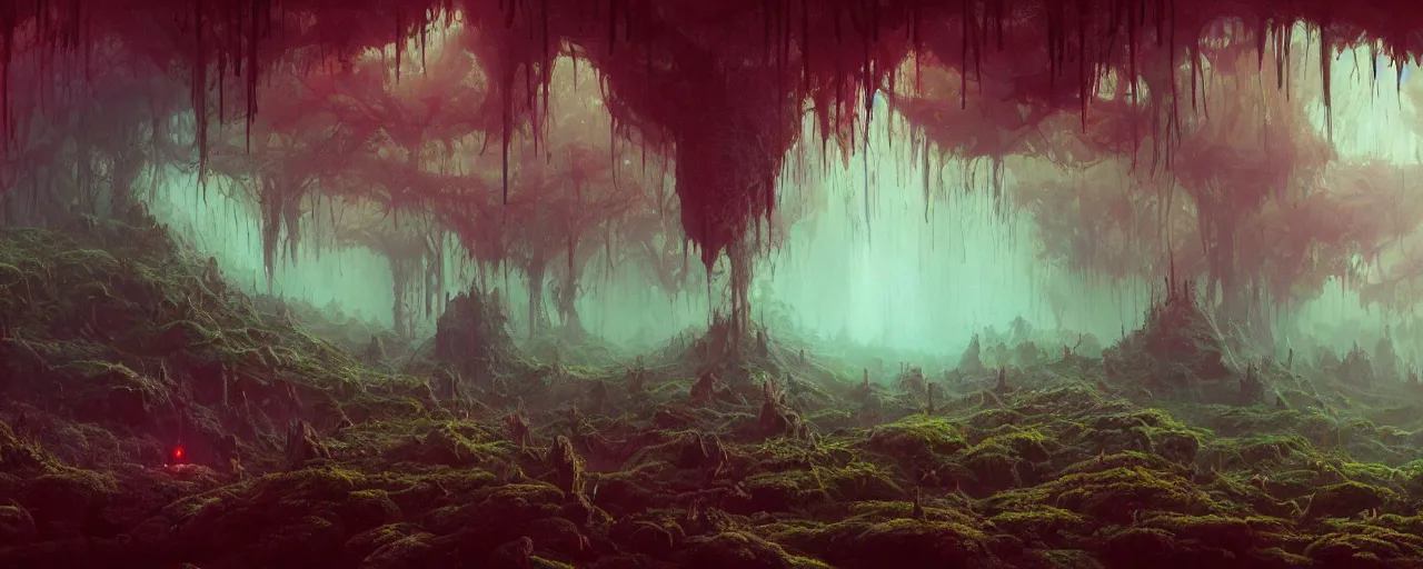 Image similar to ” fog, mycelium, roots, deep cavern, [ moist, wet, dripping, cinematic, detailed, epic, widescreen, opening, establishing, mattepainting, photorealistic, realistic textures, octane render, art by paul lehr ] ”