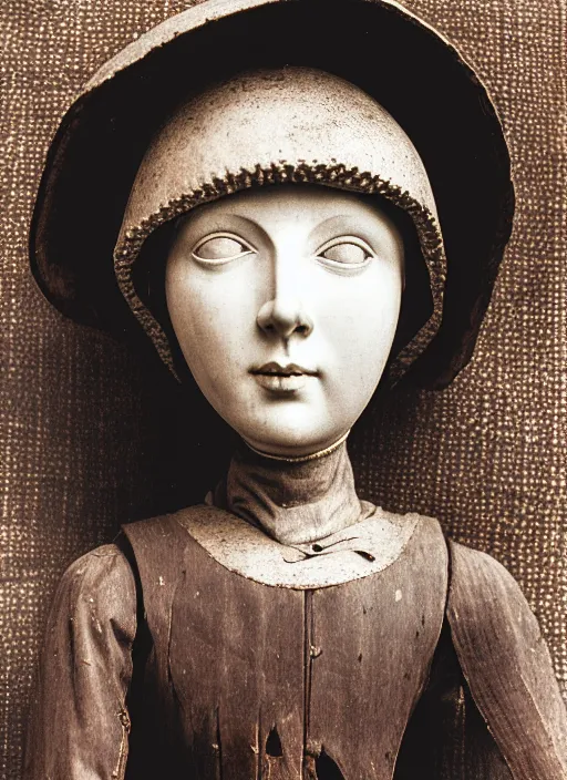 Prompt: realistic photo of a a medieval antique old wooden of a girl doll sculpture dressed white spherical hat helmet, covered in eyes pattern, greyscale grain 1 9 9 0, life magazine photo, natural colors, metropolitan museum, kodak