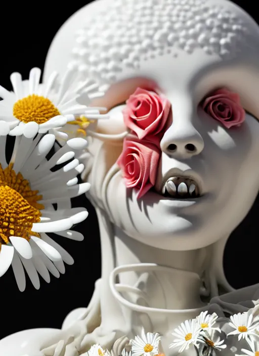 Image similar to slender biomechanical white marble statue holding perfume bottle made of corals, daisies, roses, well contoured smooth fair walls carrying perfume bottle, up close shot, sharp focus, global illumination, radiant light, alexandre ferra white mecha, irakli nadar, octane highly render, 4 k, ultra hd,