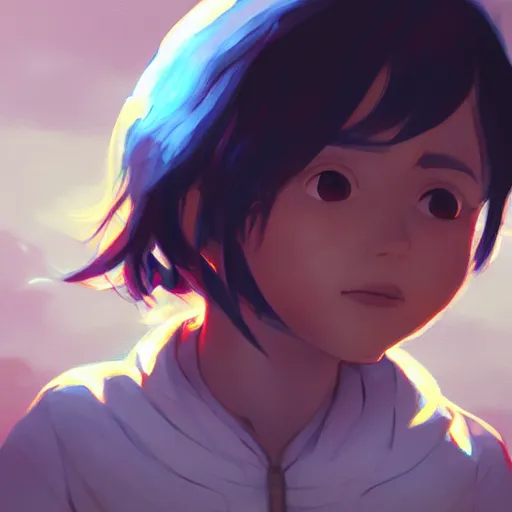 Image similar to a child with grey skin with blues and short brown hair, holding fire, highly detailed, digital painting, artstation, matte, by makoto shinkai, animation style