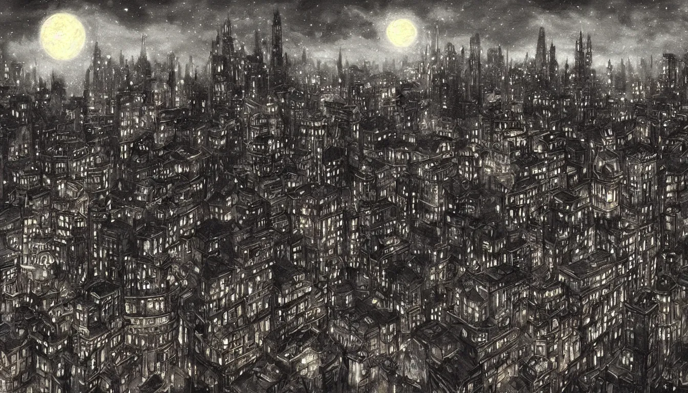 Prompt: victorian city with towers at night, black sky, moonless night, award winning fantasy art