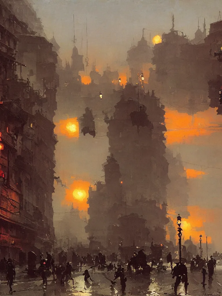 Prompt: a large dieselpunk city street at dusk in russia during the 1 9 1 0 revolution, craig mullins, winslow homer