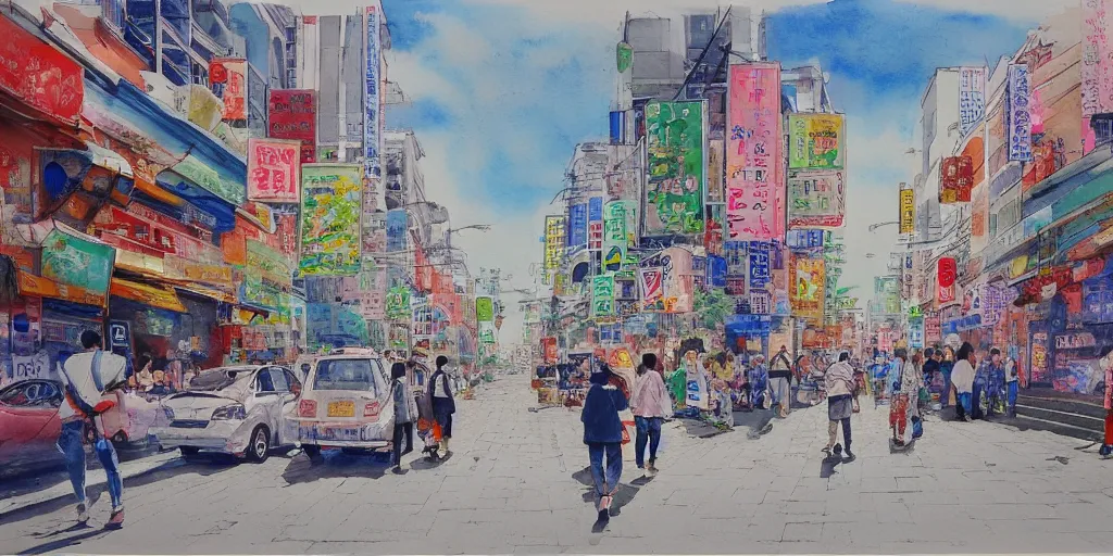 Prompt: streets of hongdae, hangeul, photorealism, spring, wide shot, watercolor painting by Lim Eung-Sik