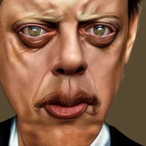 Prompt: hyperrealistic mixed media painting of steve buscemi, perfect facial symmetry, dim volumetric lighting, 8 k octane beautifully detailed render, post - processing, portrait, extremely hyper - detailed, intricate, epic composition, brown eyes, highly detailed eyes, realistic eyes, masterpiece, trending on artstation, very very detailed, stunning,