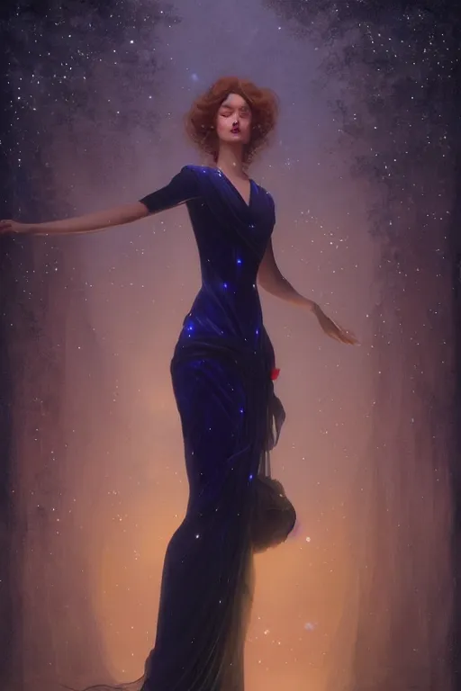 Image similar to Nocturne, glowing, stars, a long-legged elegant evil woman, highly detailed, mysterious, ethereal, dressed in midnight blue velvet, haute couture, illustration, dramatic lighting, soft details, painting, by Edmund Blair Leighton, Brom, Charlie Bowater, trending on artstation, faces by Tom Bagshaw, otto schmidt