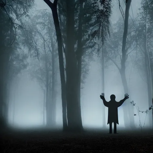 Image similar to Three ominous figures standing amongst a tall skinny tree forest with eerie fog covering the ground. Creepy glowing eyes coming from the fog and a night time setting