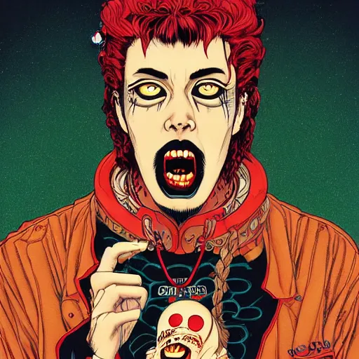 Image similar to portrait of crazy singing post malone with red eyes like hal 9 0 0 0, as vampire, symmetrical, by yoichi hatakenaka, masamune shirow, josan gonzales and dan mumford, ayami kojima, takato yamamoto, barclay shaw, karol bak, yukito kishiro