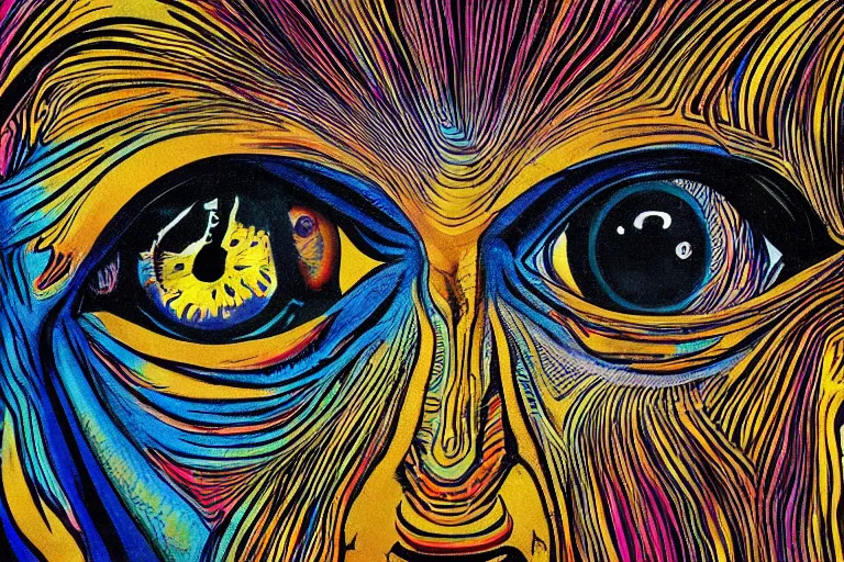 Image similar to eyes looking at the camera, contempt, disdain look, inquisitive, psychedelic art, artist interpretation, psychedelic interpretation, golden ratio, centered, hallucinatory art, artstation hd, 4 k