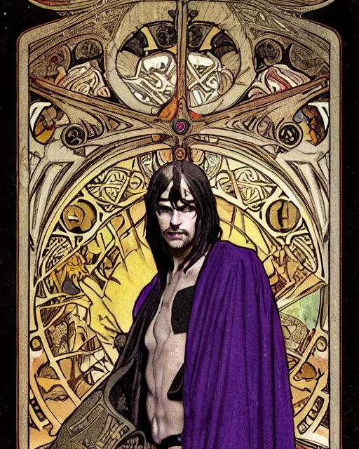 Image similar to tarot card, head and chest only, the devil, demon male, black and purple robes, beautiful, medieval, super detailed, ornate, by alphonse mucha, stjepan sejic, greg rutkowski, symmetry, 8 k, sharp focus