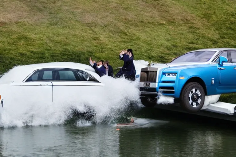 Image similar to Teenagers push Rolls-Royce into lake with their hands from a small slide wanting to drown him