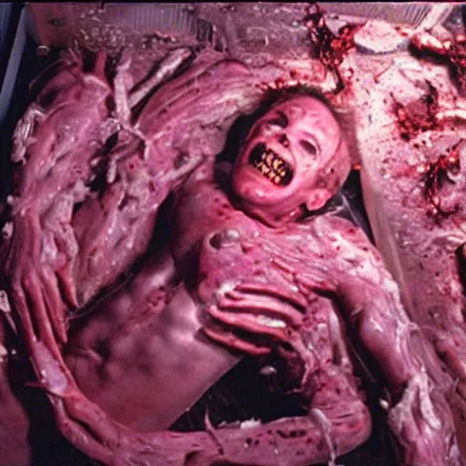 Prompt: scene from existenz, cinematic, a large box made out of human flesh, doom monster, electronic circuitry, skin, flesh!, blood, clumps of hair, lights, led, computer
