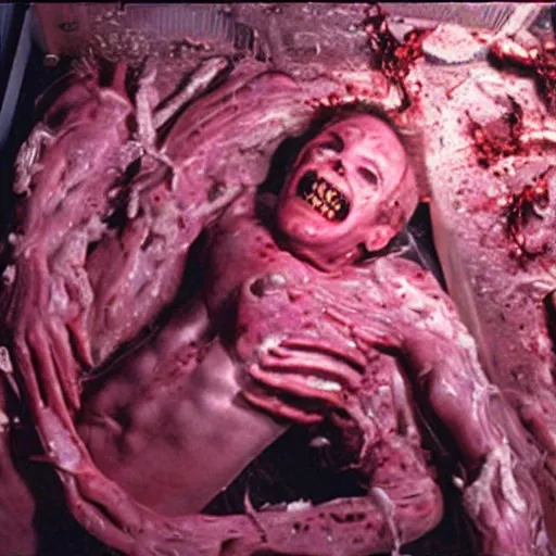 Image similar to scene from existenz, cinematic, a large box made out of human flesh, doom monster, electronic circuitry, skin, flesh!, blood, clumps of hair, lights, led, computer