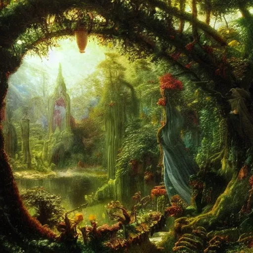Image similar to a beautiful and highly detailed matte painting of a magical garden of delights in a mystical forest in a dream like valley deep in the magical mountains of avalon, intricate details, epic scale, insanely complex, 8 k, sharp focus, hyperrealism, very realistic, by caspar friedrich, albert bierstadt, james gurney, brian froud,