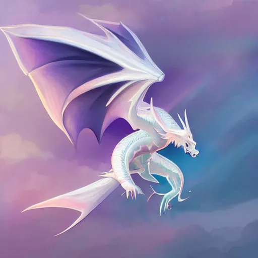 Image similar to sleek opalescent white dragon, rainbow wings, flying through sunset, art, fantasy, digital painting, trending on artstation, concept art, smooth, sharp focus, hyperrealistic, illustration, art by Loish and WLOP