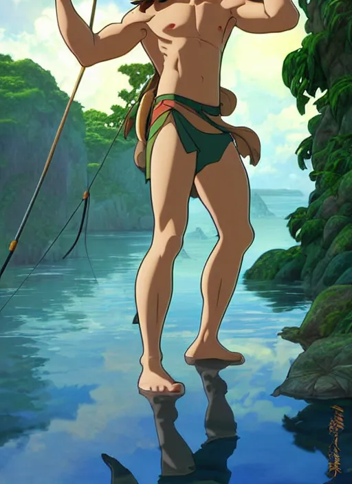 Prompt: cute fisherman tarzan, natural lighting, path traced, highly detailed, high quality, digital painting, by don bluth and ross tran and studio ghibli and alphonse mucha, artgerm