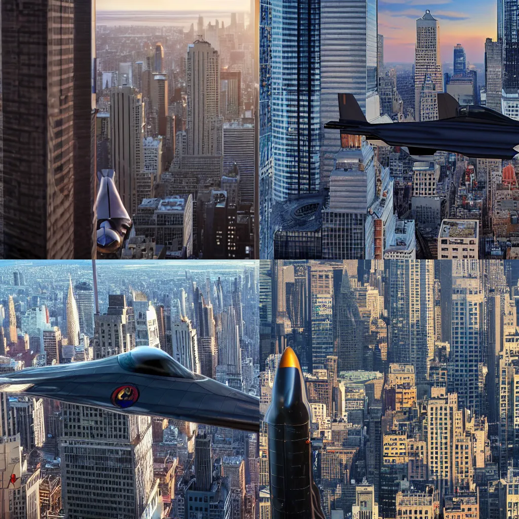 Prompt: 2021 sci-fi film still of a chrome SR-71 blackbird exploring midtown Manhattan, high detail, golden hour.