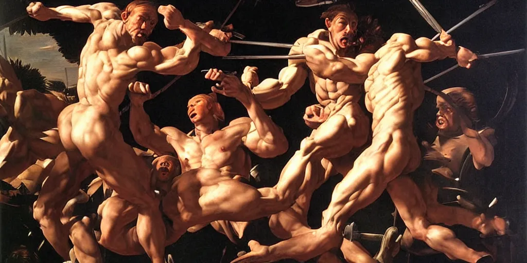 Prompt: hyper muscular centaurs wars, hyper realistic, glossy by caravaggio