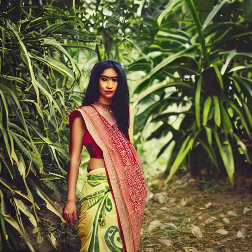 Prompt: head to shoulder portrait Polaroid film photograph of an elegant Assamese top model wearing a traditional sleeveless mekhela bihu saree assam with a very detailed mehndi design on her shoulder!!! in a tea garden on the banks of brahmaputra river. looking at the camera!!. super resolution. Polaroid 600 film. art by Alessio albi and john william waterhouse and Annie Leibovitz.