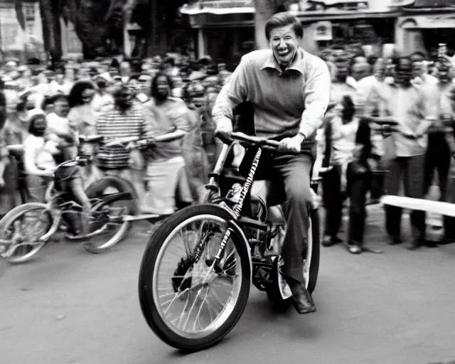 Image similar to 3 5 mm photograph of vince mcmahon pulling a wheelie on a monkey bike