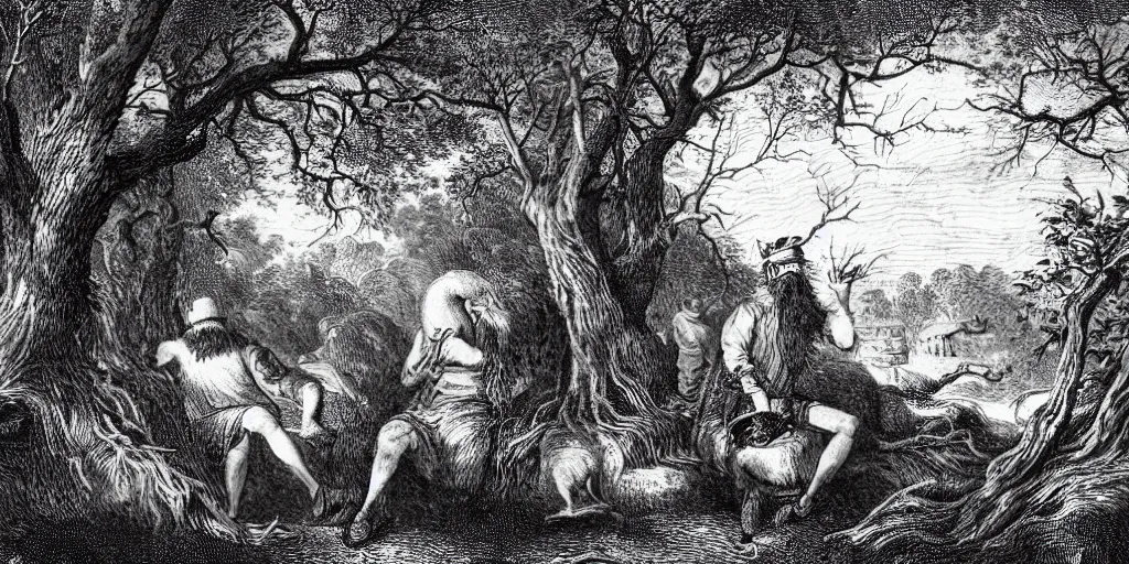 Prompt: an engraving of a sinister stranger with a long beard and spectacles lurking in a clearing of an oak forest