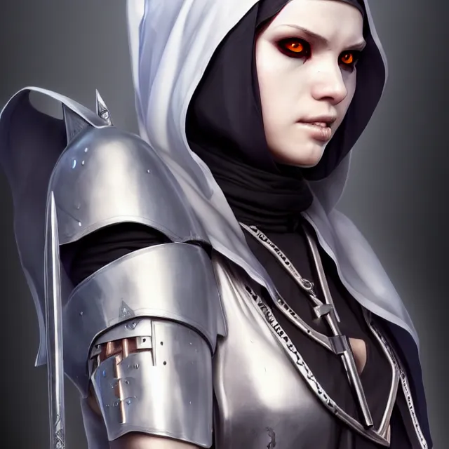 Image similar to cyberpunk nun warrior, full length, highly detailed, 4 k, hdr, smooth, sharp focus, high resolution, award - winning photo, artgerm, photorealistic