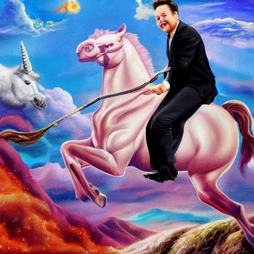 Prompt: an extremely high quality hd surrealism painting of elon musk riding a unicorn with emma watson's face