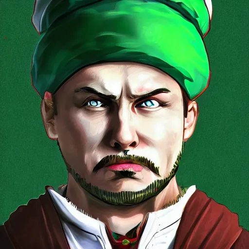 Image similar to countryballs russian empire with a green cap on his head digital art, 8 k, character, realism, anime, portrait