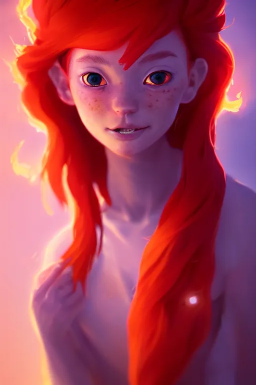 Image similar to super cute Bioluminescent fire mage with red hair and freckles character concept, soft light, soft mood, realistic body features and face, illustration, painting oil on canvas by Elena Zhurikhina and Goro Fujita and Charlie Bowater, octane render trending on artstation, 4k, 8k, HD