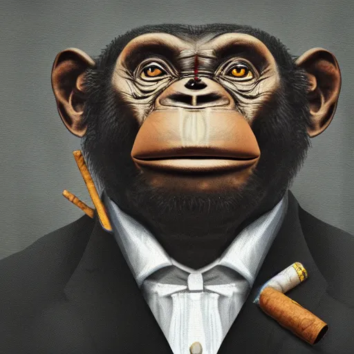 Image similar to a high detail photo of an antropomorphic chimp wearing a suit smoking a cigarrette, subject= chimp, subject detail: wearing a suit, subject action: smoking a cigarrette photorealism