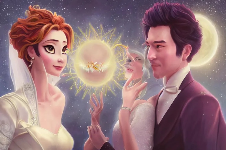 Image similar to a cinematic portrait of wedding photograph jpeg close up moment of a divine a japan sun god and moon goddess lovers magician at a wedding banquet. portraiture. digital painting. artstation. concept art. wedding photo. illustration. frozen ii art masterpiece by art by krenz cushart