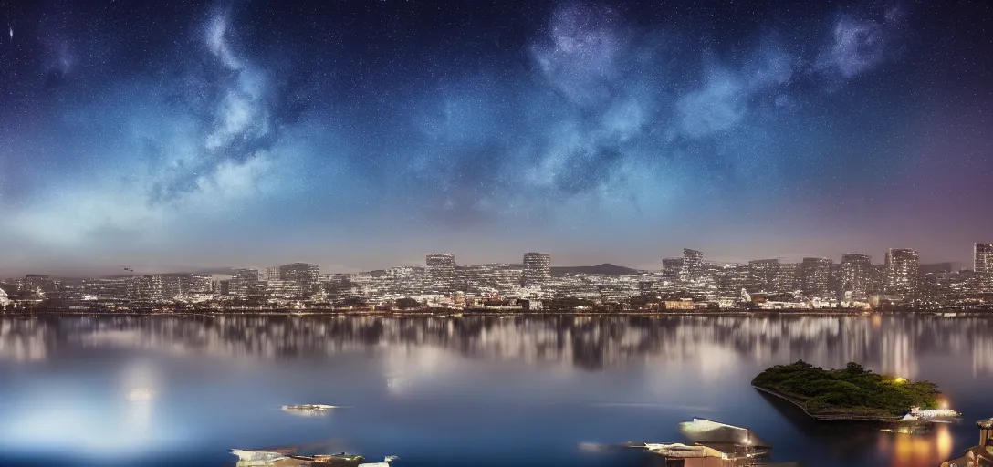 Image similar to very beautiful view of a modern japanese city at night, watery lake with accurate reflections, icy mountains in the background, calm clouds, starry sky with nebula, cinematic lighting, ultra detailed, sharp, ambient occlusion, raytracing, by dylan cole, sebastian meyer and jordan grimmer