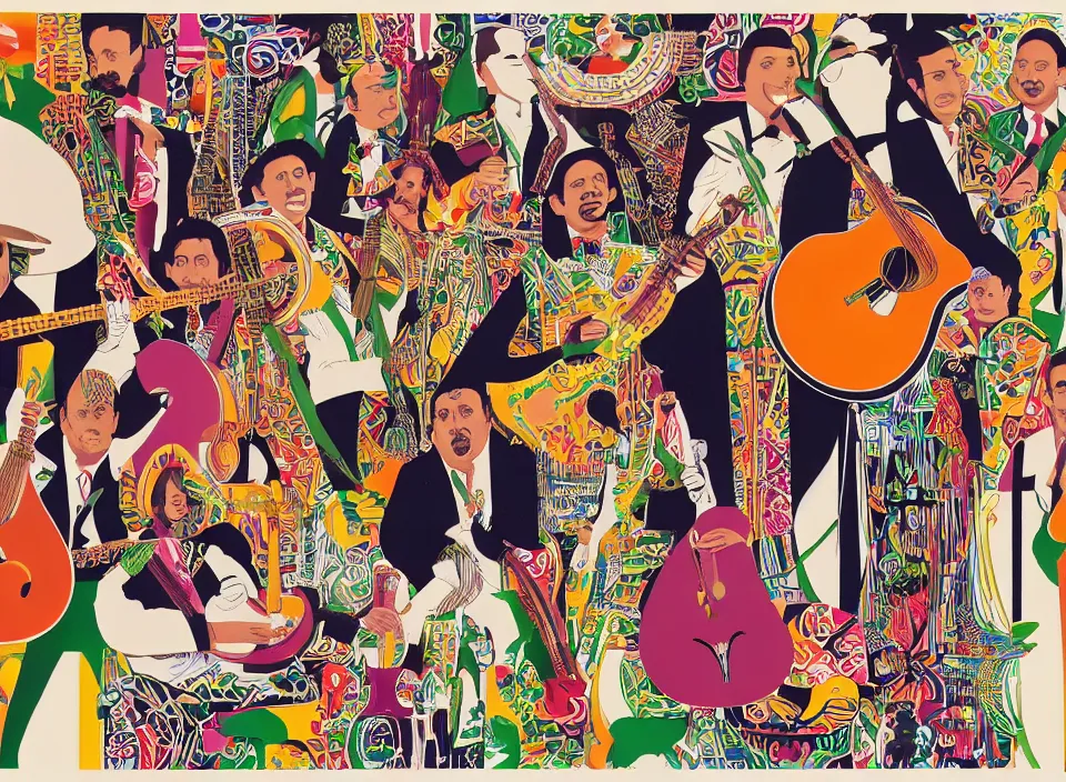 Prompt: graphic design of a mexican mariachi band by milton glaser and lilian roxon, detailed