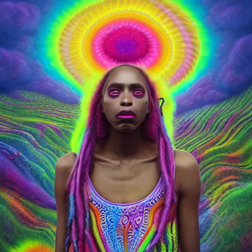 Image similar to a wide angle shot of a black girl with colorful dreadlocks in a field of candy, by Adi granov and afarin sajedi and amanda sage and evgeni gordiets and Agostino Arrivabene and adonna khare in a psychedelic portrait style, ultrarealistic matte painting, volumetric lighting, fractal, extremely symmetrical, highly detailed face, orisha, 8k, hd