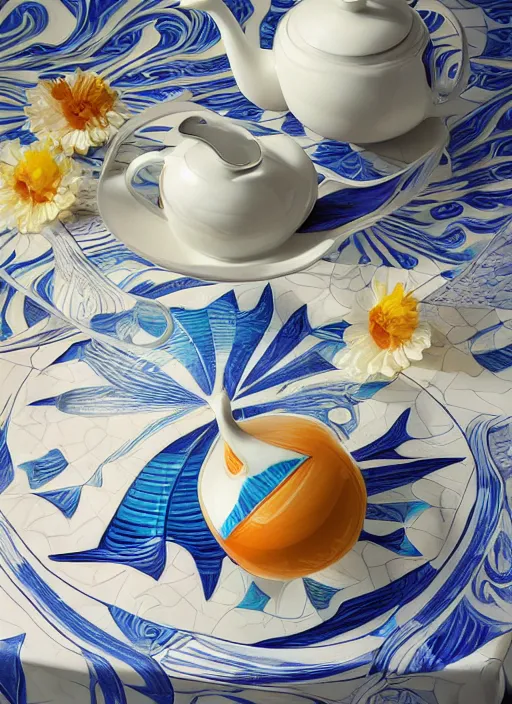 Prompt: Escher inspired teapot, designed by Rene Lalique, studio photography on a Leonid Afremov tablecloth, breakfast