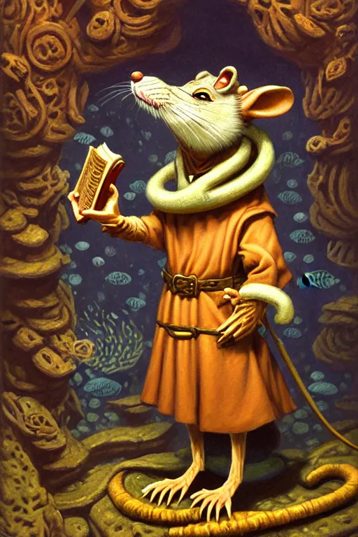 Prompt: classic oil painting, an anthropomorphic bipedal rat that is dressed as a medieval librarian, as a d & d character, standing under the sea, cottagecore, extremely detailed, digital illustration, concept art, readability, smooth, sharp focus, in the style of tim hildebrandt, and greg hildebrandt