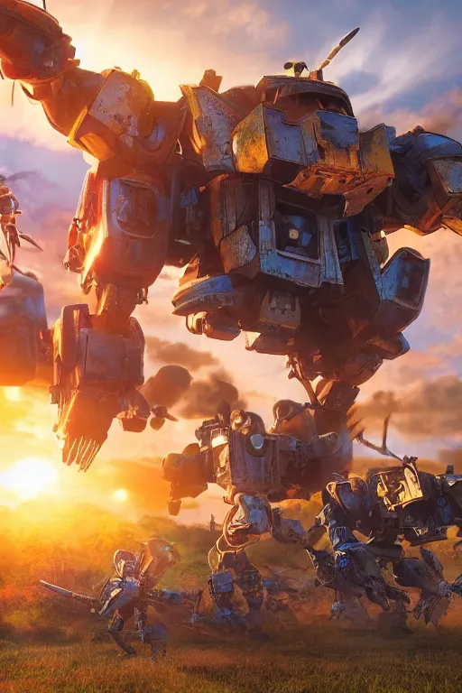 Image similar to mech warriors attack an idyllic english village, photo-realistic, golden hour, epic