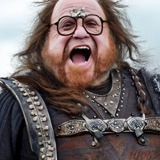 Prompt: Danny DeVito dressed as a viking jarl, standing at the helm of a longship