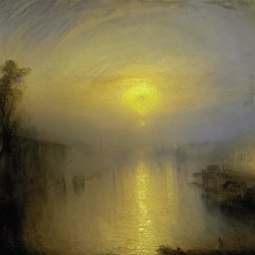 Image similar to sunrise over the river, william turner, english romanticism painter