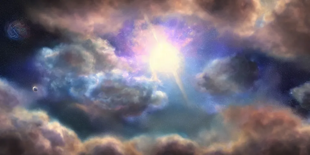 Prompt: Cosmic inflation bubbles peaking through the clouds clouds, concept art, matte painting, 8k, highly detailed, artstation, fluffy clouds, high quality,